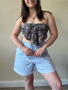 Free People Black Floral Handkerchief Bandeau with Blue Flowers